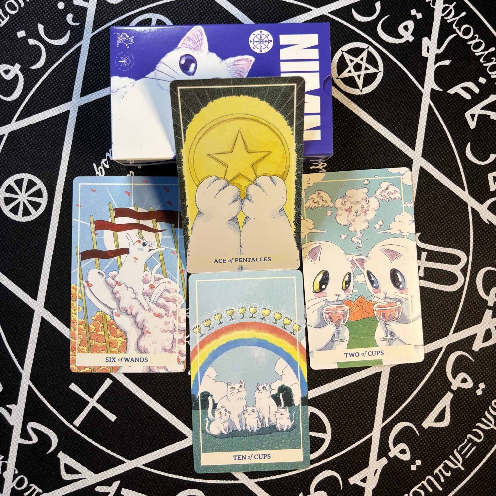 Tarot Deck With Guidebook - 奇抜な水彩画風猫型カワイイタロット 10.3*6cm NIMN 白猫タロット 猫好きのためのキュートな78枚タロットデッキ