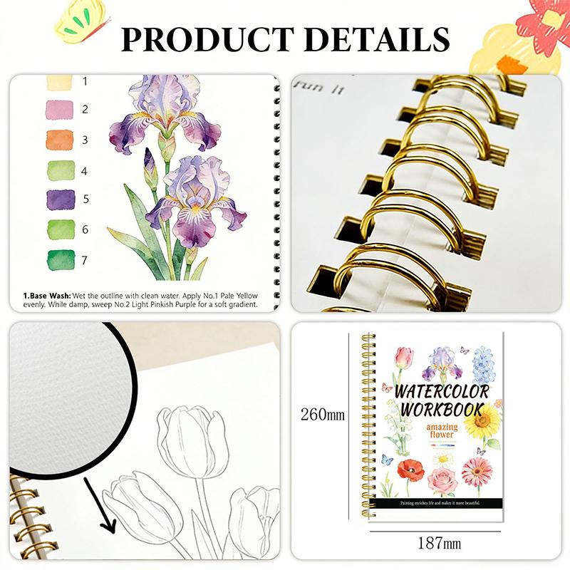 ホットセールスパイラル綴じ水彩画花柄ワークブック厚紙初心者向 - Stationery Books のレビューと価格